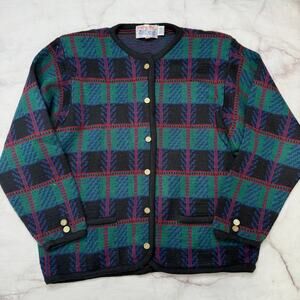 Vintage Tally Ho Womens Cardigan Sweater Size 2X Green Black Plaid Gold Buttons